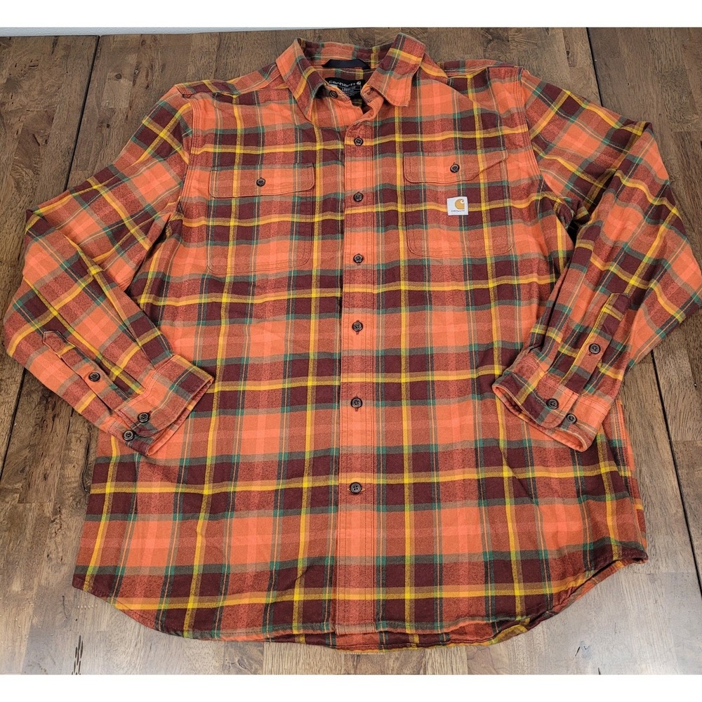 Carhartt Men's Large Plaid Flannel Shirt Orange Brown Long Sleeve Heavyweight